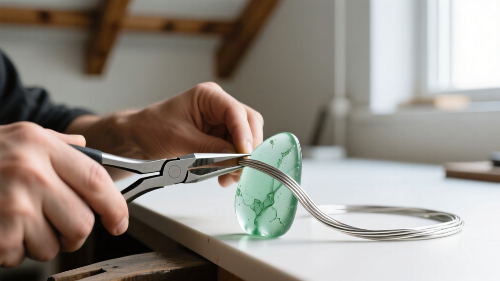 Jeweler using nylon pliers to work-harden 20-gauge Argentium silver wire for wrapping a piece of frosted green beach glass.