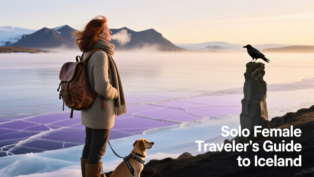 Solo female traveler looking out over a frozen lake in Iceland