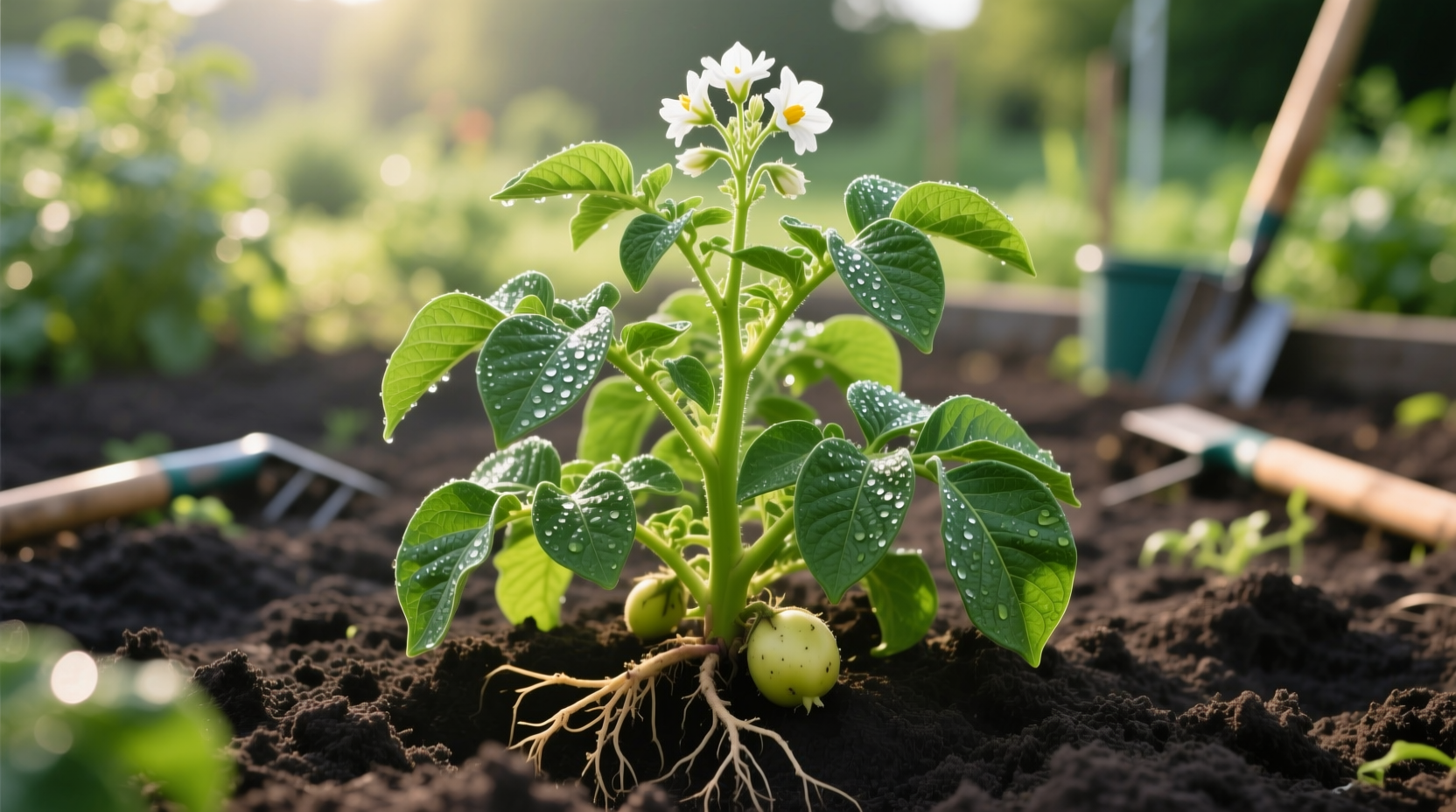 Healthy potato plant growing in garden soil