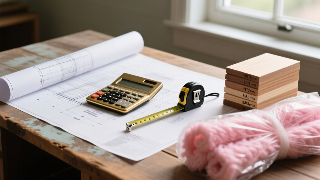 Blueprint on a wooden desk beside a calculator, measuring tape, and stacked samples of engineered lumber and pink fiberglass insulation