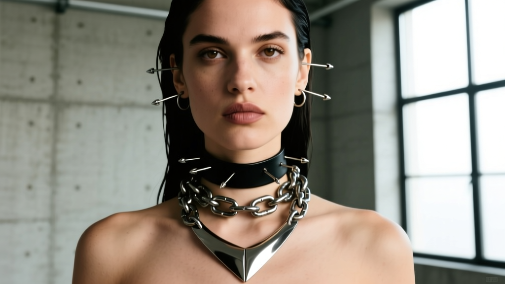 Model wearing a layered safety pin choker with punk aesthetic, contrasting a polished designer piece with a raw DIY steel chain.