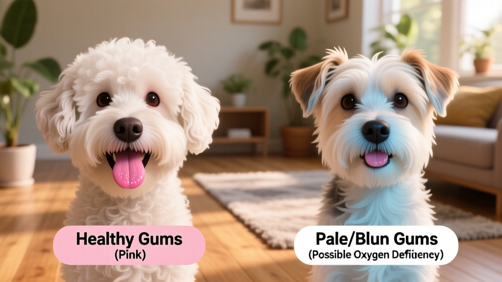 Side-by-side comparison showing a dog with healthy pink gums versus one with pale/bluish gums, labeled clearly for educational context