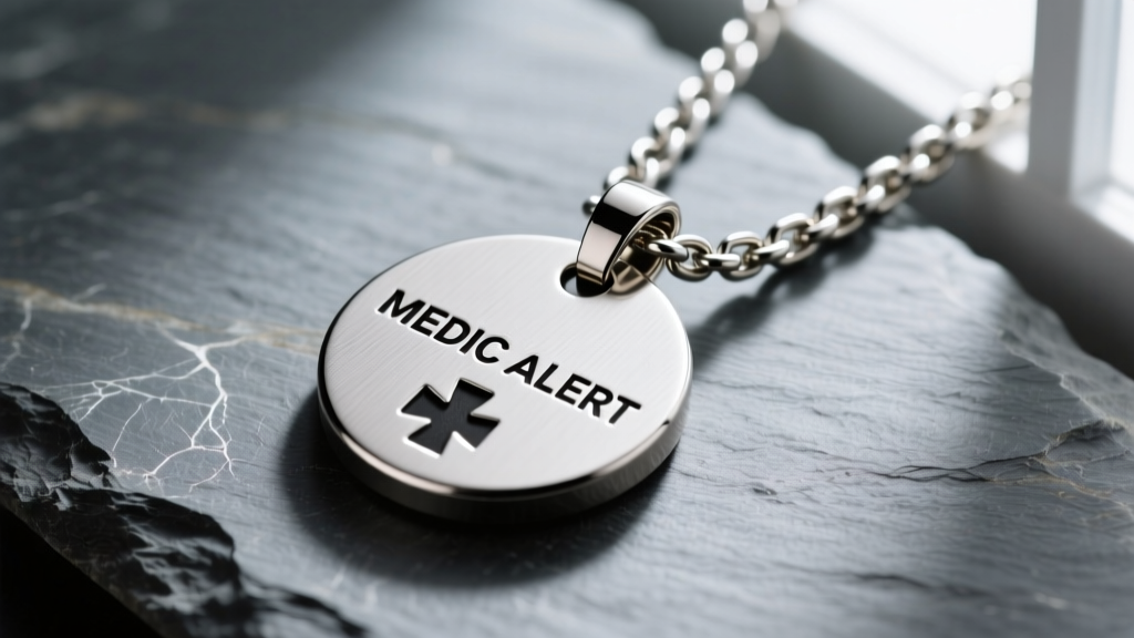Macro shot of a brushed titanium medic alert necklace pendant on slate, showing laser-engraved text and a sturdy steel chain.