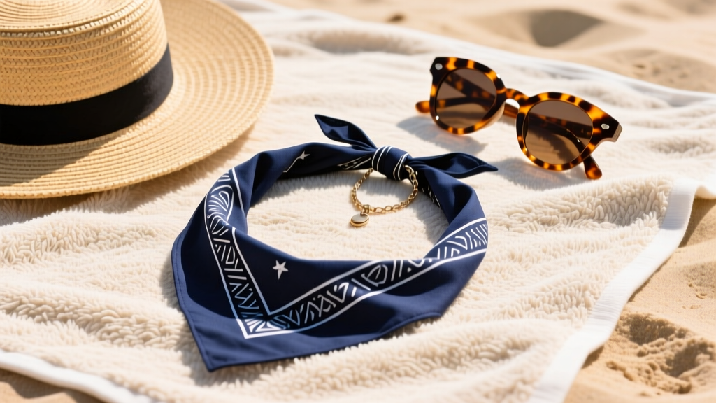 Flat lay featuring a navy evaporative cooling bandana necklace, tortoiseshell sunglasses, and a straw hat on a sandy beach towel