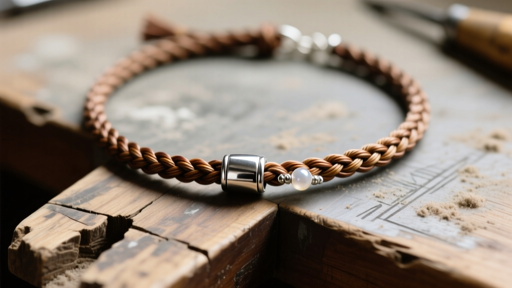 Close-up of braided necklace cord secured with a silver crimp cover and bead tip on a scarred wooden jeweler's workbench surface.