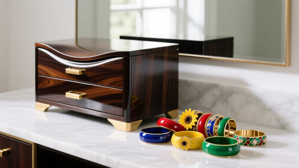 High-gloss macassar ebony wood jewelry armoire with brass hardware, sitting on a marble vanity next to colorful enamel bangles