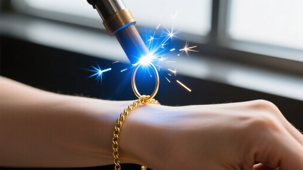 Macro shot of a bright blue argon-shielded pulse arc weld spark fusing a tiny jump ring to a delicate gold chain on a bare wrist.