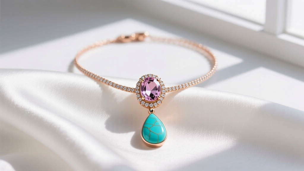 Flat lay of a 14k rose gold necklace with bezel-set oval morganite and teardrop Sleeping Beauty turquoise pendant on white silk
