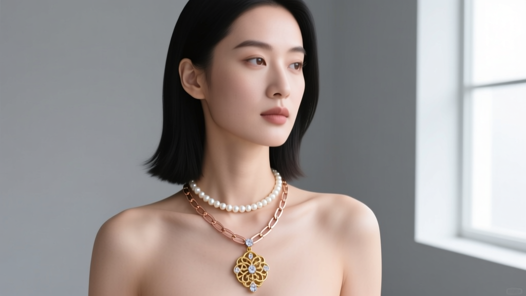 Woman wearing a layered stack: 16-inch pearl choker, 18-inch rose gold paperclip diamond necklace, and a 22-inch gold pendant.