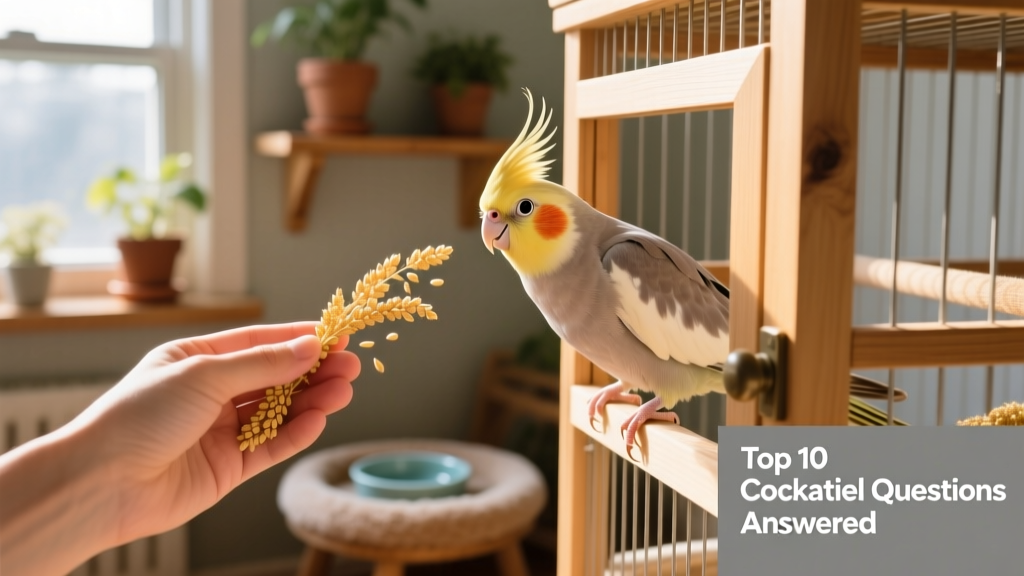 A hand gently offering a millet spray to a curious cockatiel inside an open cage door, illustrating early trust-building