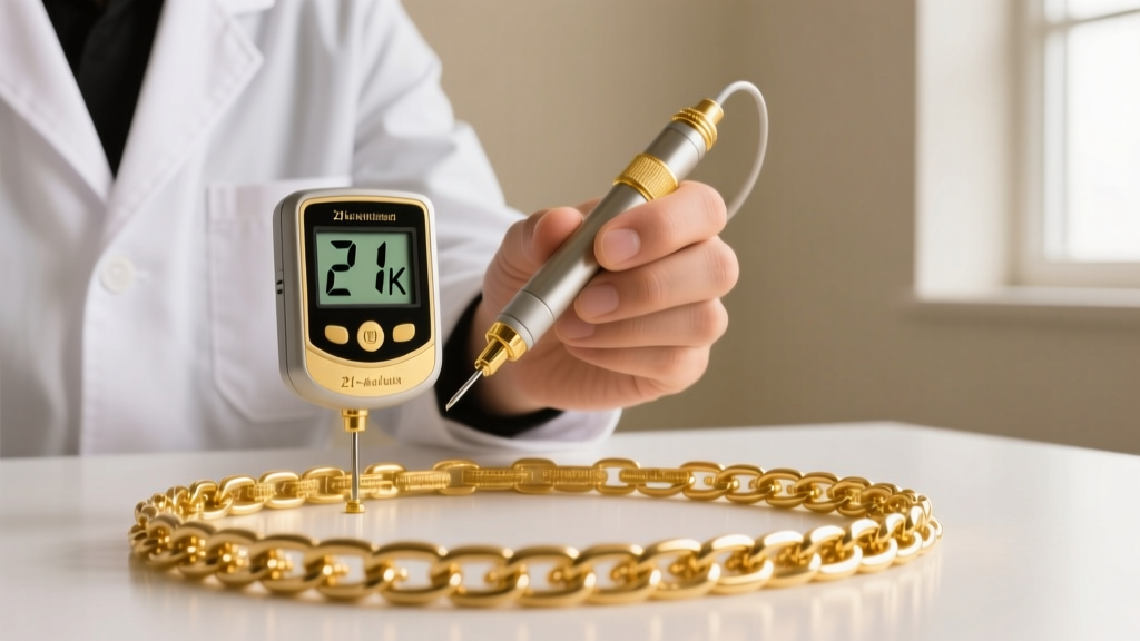 Jeweler holding an electronic gold tester probe against a repaired 21k gold chain link, with a digital karat reading visible
