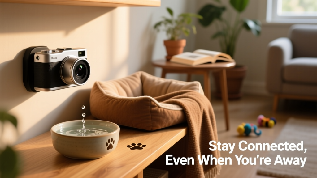 A sleek pet camera mounted on a shelf, pointed toward a cozy pet bed and water bowl
