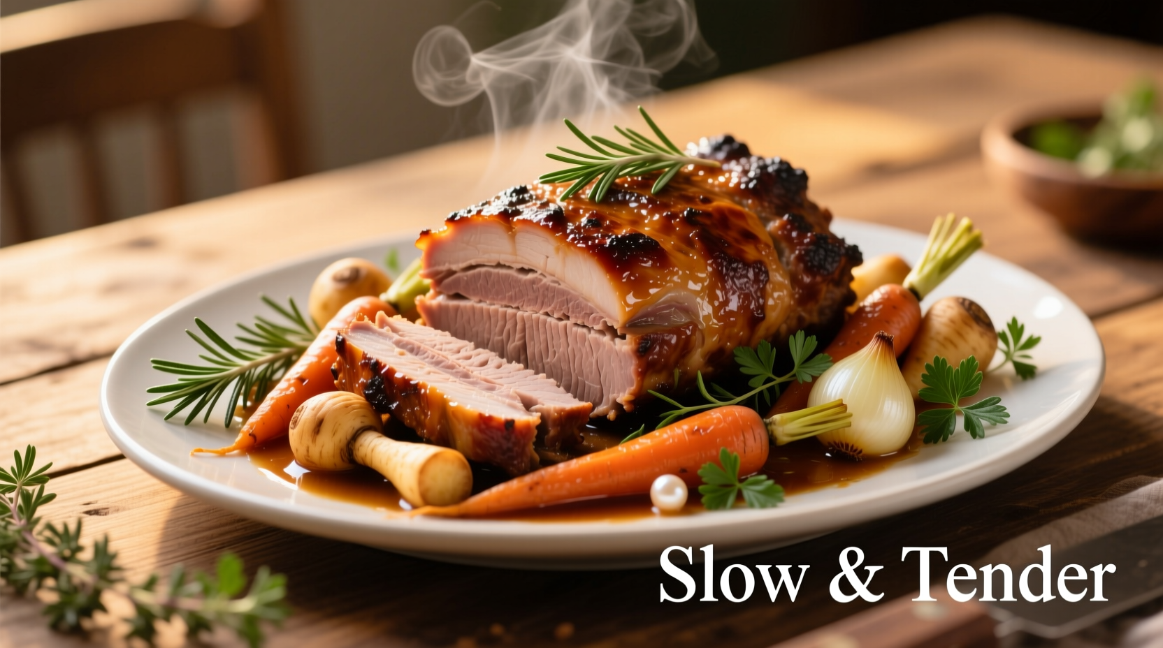 Sliced slow cooker pork loin with herbs and vegetables