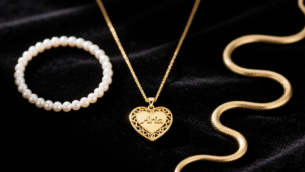 Flat lay of layered necklaces featuring an Ari heart gold pendant, a pearl choker, and a snake chain, styled on dark velvet.
