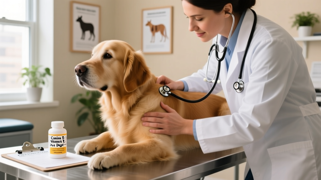 Veterinarian gently examining a dog’s skin during a wellness check, with vitamin E supplement bottle visible on exam table