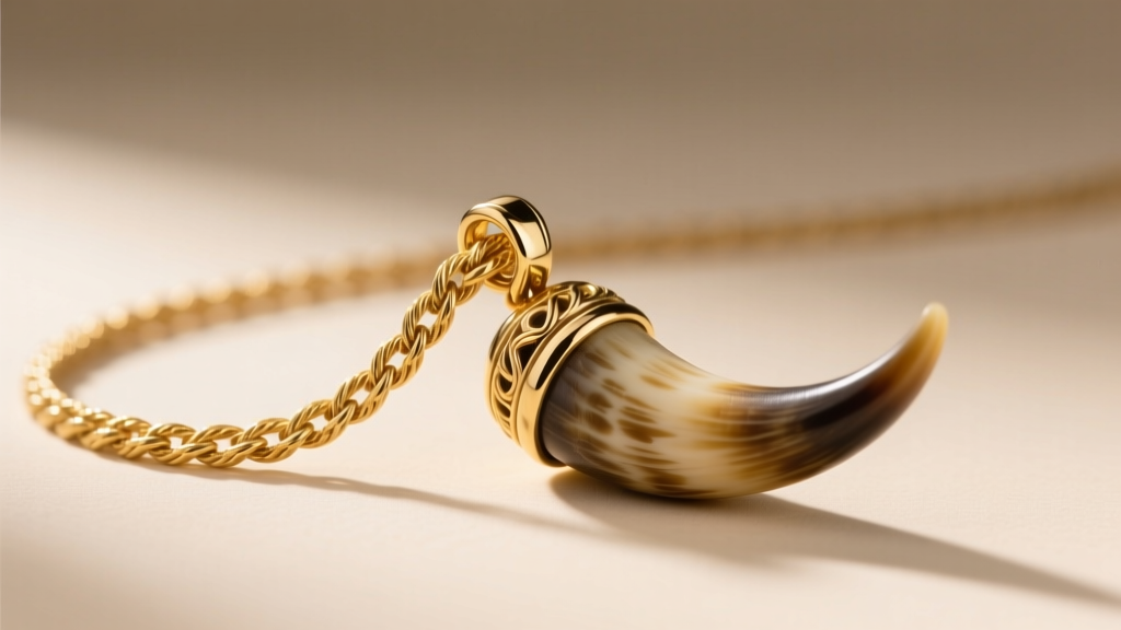 18k gold rope chain, 1.5mm thick, passing through a soldered bail on an Italian horn amulet, captured from a sharp side angle.