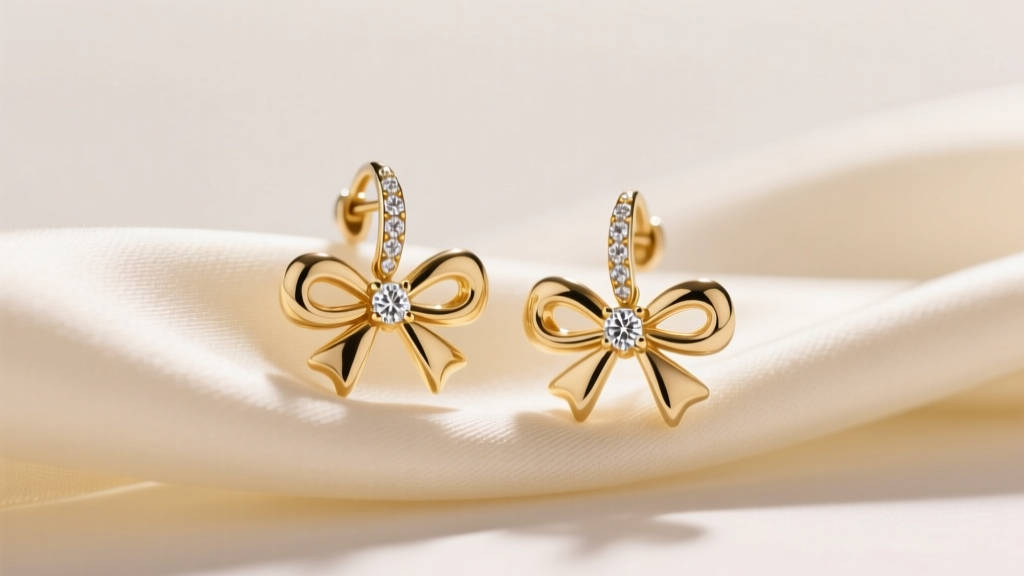 Macro shot of 14k gold dangling bow earrings with a diamond knot accent, resting on cream silk under warm studio lighting.