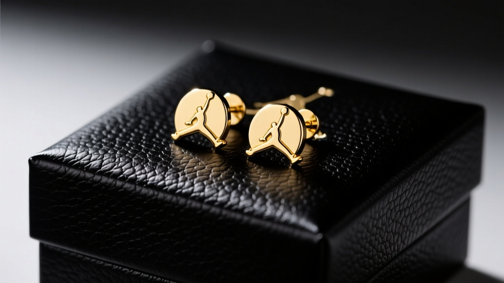 18-karat gold vermeil Jumpman logo stud earrings resting on a textured black leather sneaker box under dramatic studio lighting.