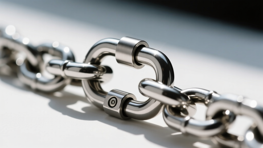Extreme close-up of a heavy-duty 15mm stainless steel lobster clasp securely attached to a thick 5mm Cuban link chain