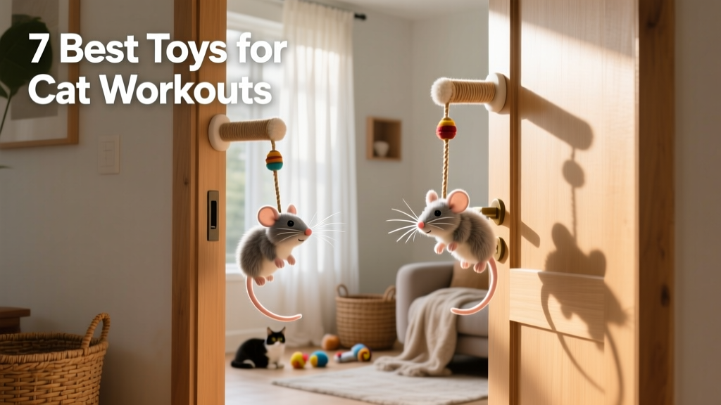 Two FurPetVo hanging toys mounted in doorways, each with a fuzzy mouse dangling from a stretchy cord