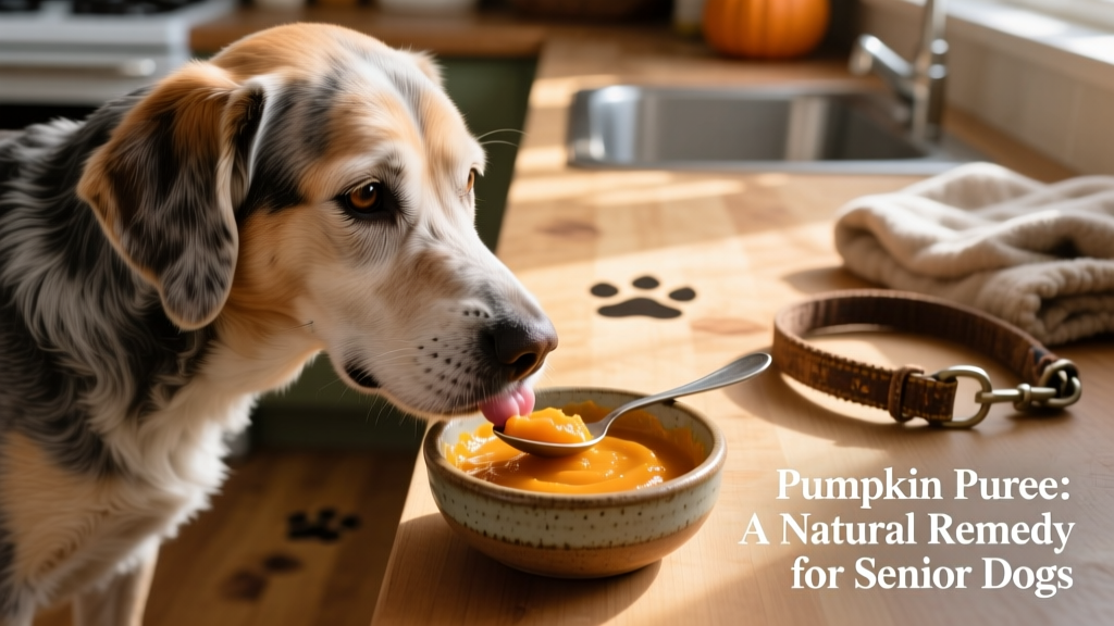 Close-up of a senior dog gently licking a spoonful of plain pumpkin puree—a common bland, fiber-rich home remedy for mild diarrhea