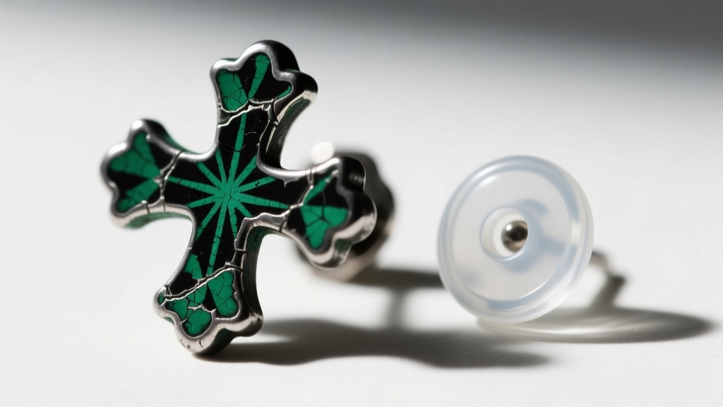 Close-up of a worn black rhodium cross earring post showing green oxidation and flaking finish near a clear silicone earring back.