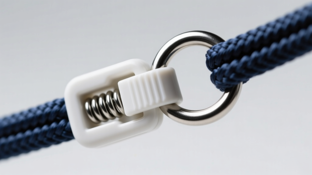 Detailed view of a breakaway safety clasp on a nylon chew necklace cord, highlighting the plastic release mechanism and jump ring.