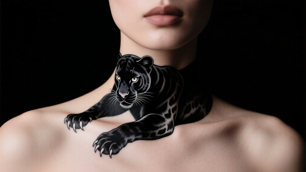 A realistic semi-permanent black panther temporary tattoo necklace wrapping around the collarbone in moody studio lighting