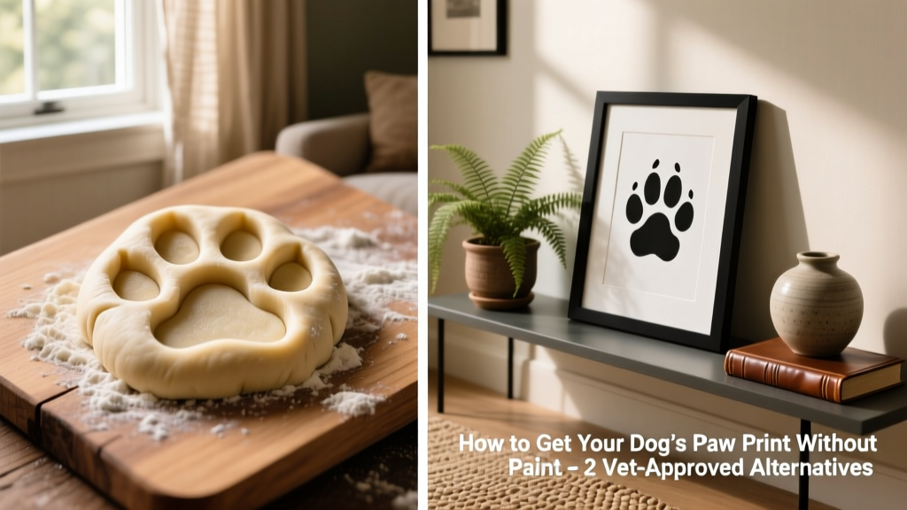 Side-by-side comparison: a freshly imprinted dough paw cast next to a sleek, framed digital paw print artwork on a living room shelf