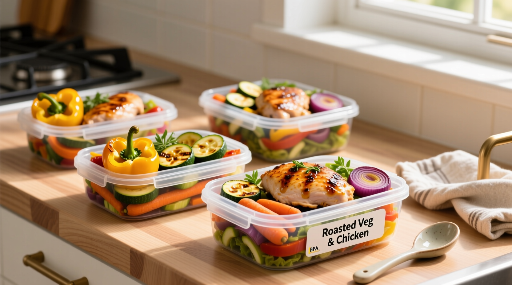 Colorful chicken meal prep containers with roasted vegetables