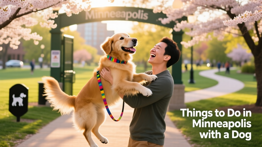 A joyful pet parent lifting their happy, leashed dog in front of a vibrant Minneapolis park entrance.
