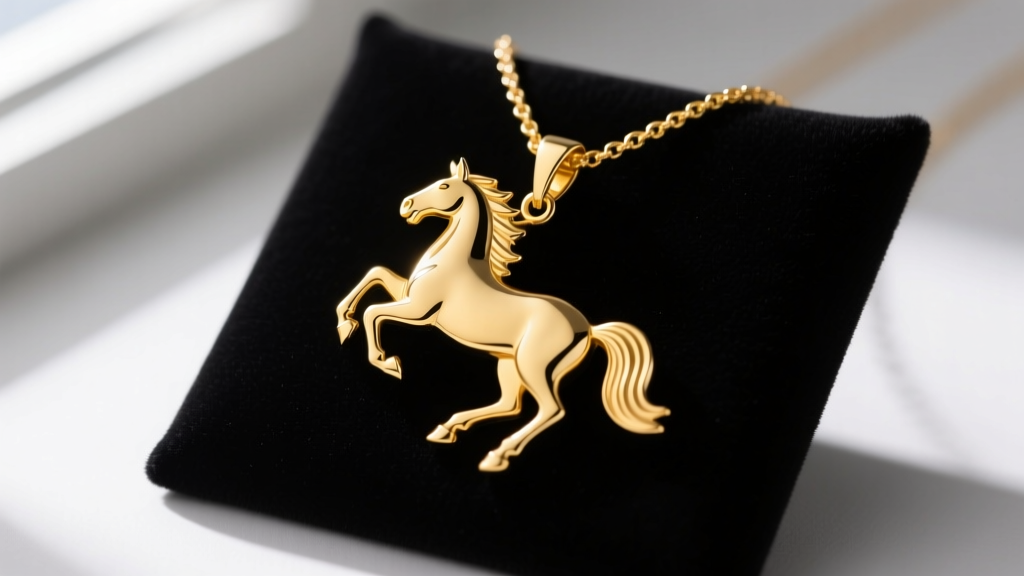 Close-up of a polished 14k yellow gold custom horse necklace pendant featuring a rearing stallion silhouette on a dark velvet pad