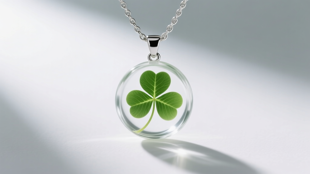 Clear resin pendant encasing a real preserved four-leaf clover on a delicate silver chain, illuminated by soft natural light.