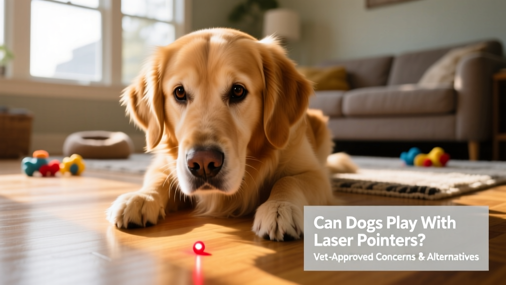 A dog intently staring at a red laser dot on the floor, ears forward and body tense