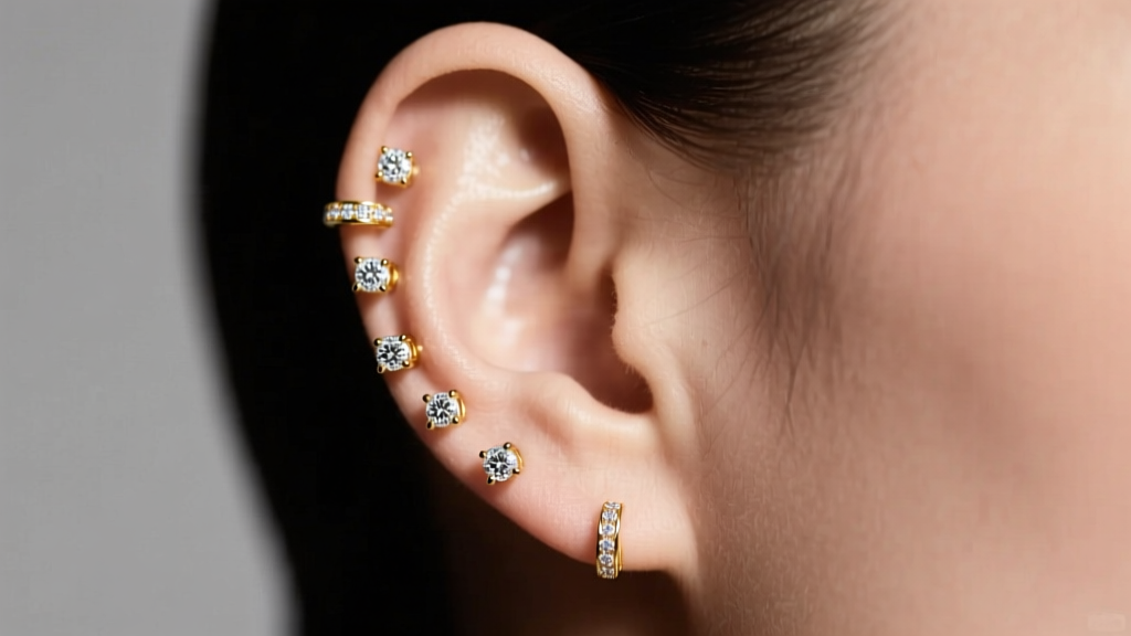 Profile of a curated ear featuring multiple 2mm bezel-set diamond little earrings in 18k yellow gold under soft studio lighting
