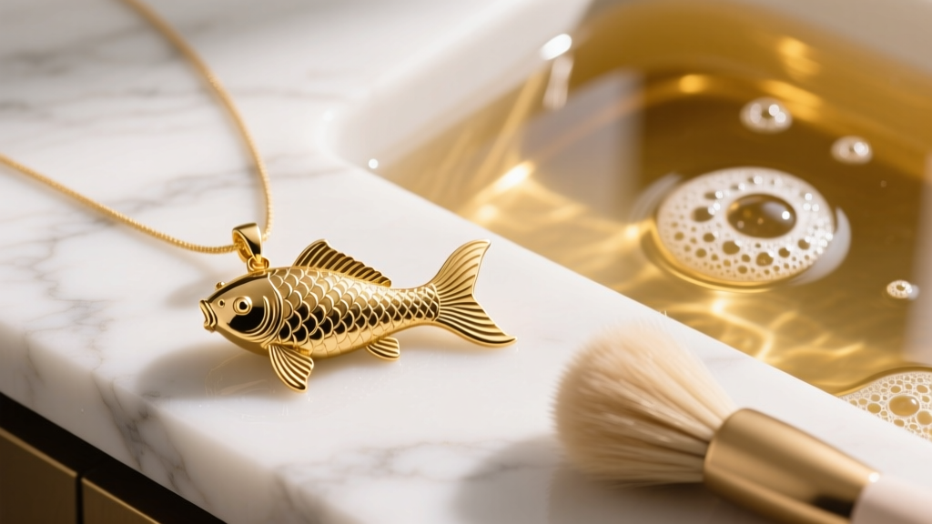 Top-down view of a 14k gold koi fish pendant beside warm soapy water and a soft brush on a white marble countertop.
