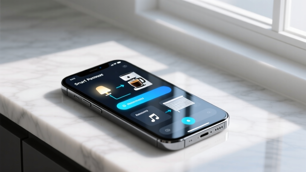 A smartphone displaying a complex smart home automation flowchart for morning routines, highlighting the software side of motivational gadgets.