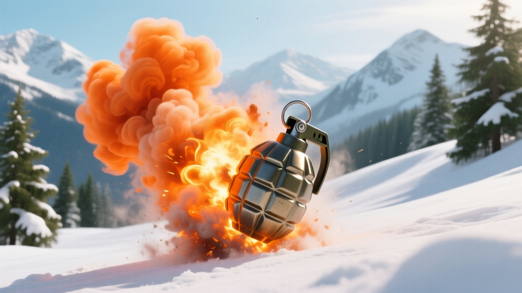 Bright orange smoke billowing from an Enola Gaye WP40 grenade against a backdrop of snowy alpine terrain and evergreen trees.