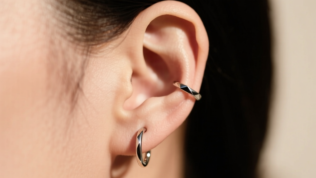 Side profile of an ear with tiny 16g titanium mini huggies along the helix, captured against a softly blurred neutral background.