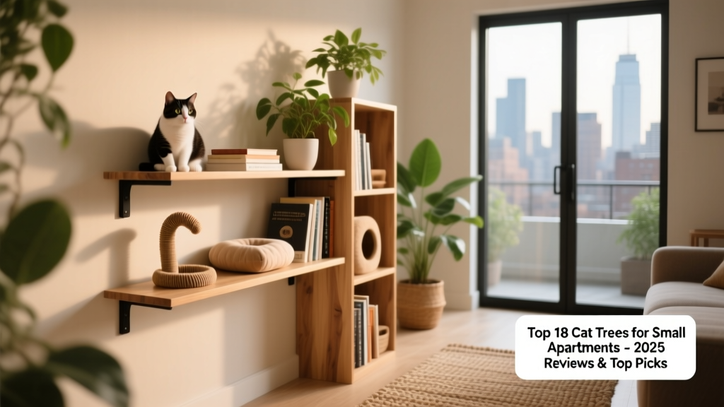 A tidy, apartment-friendly setup featuring a FurPetVo Wall-Mounted Shelf System beside a bookshelf and potted plants
