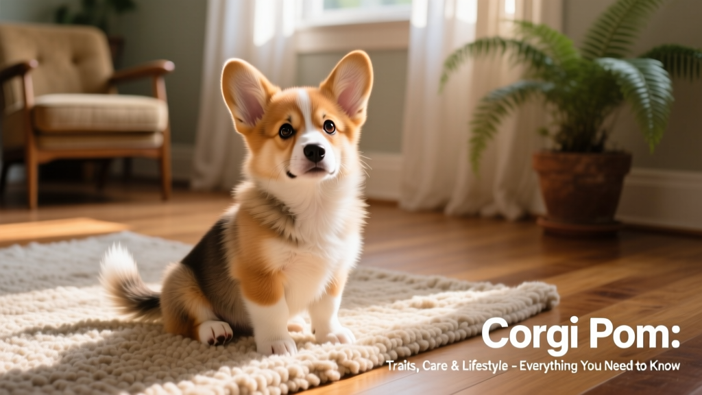 A playful Corgi Pom puppy sitting on a sunlit rug, showing its fluffy coat and expressive eyes