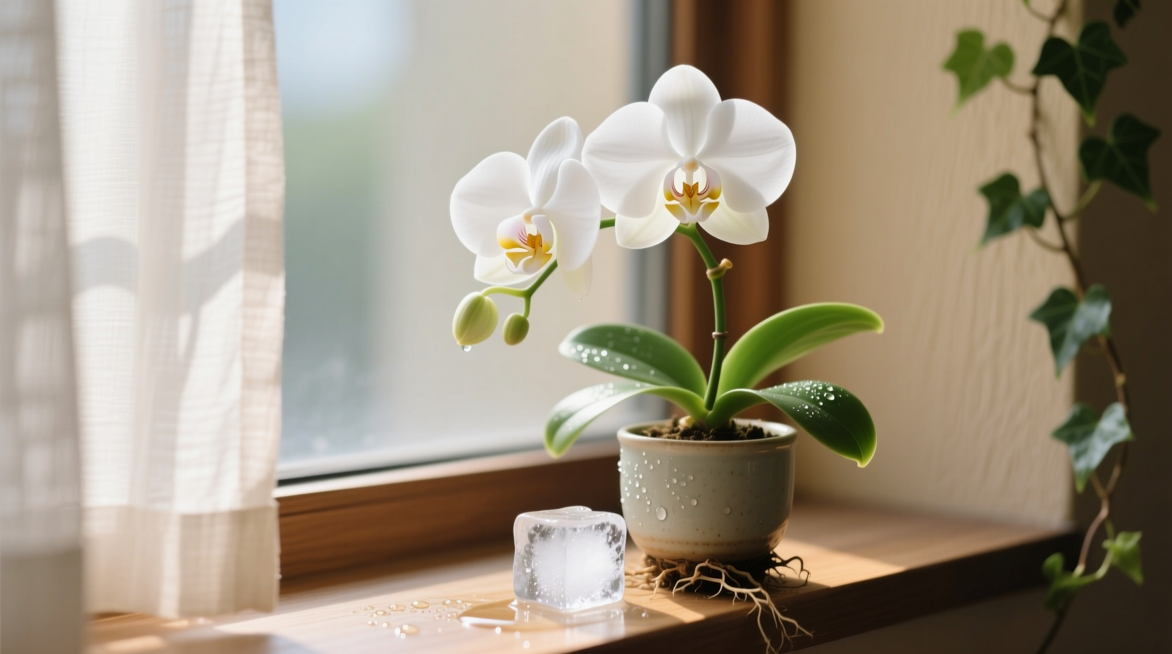 watering orchids with ice cubes
