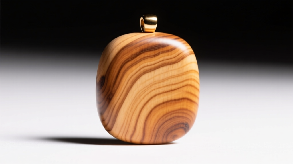 Close-up of an untreated tight-grain hard maple chewable pendant showing smooth sanded edges and natural wood grain patterns.