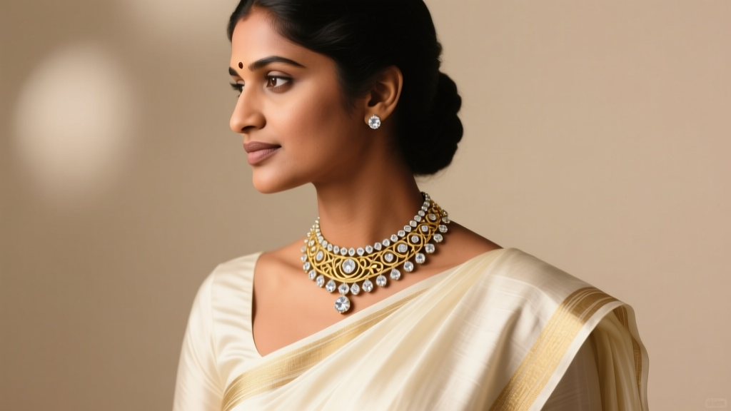 Side profile of a woman wearing a Palakkad diamond necklace over a silk saree, highlighting gold filigree and round diamond pavé