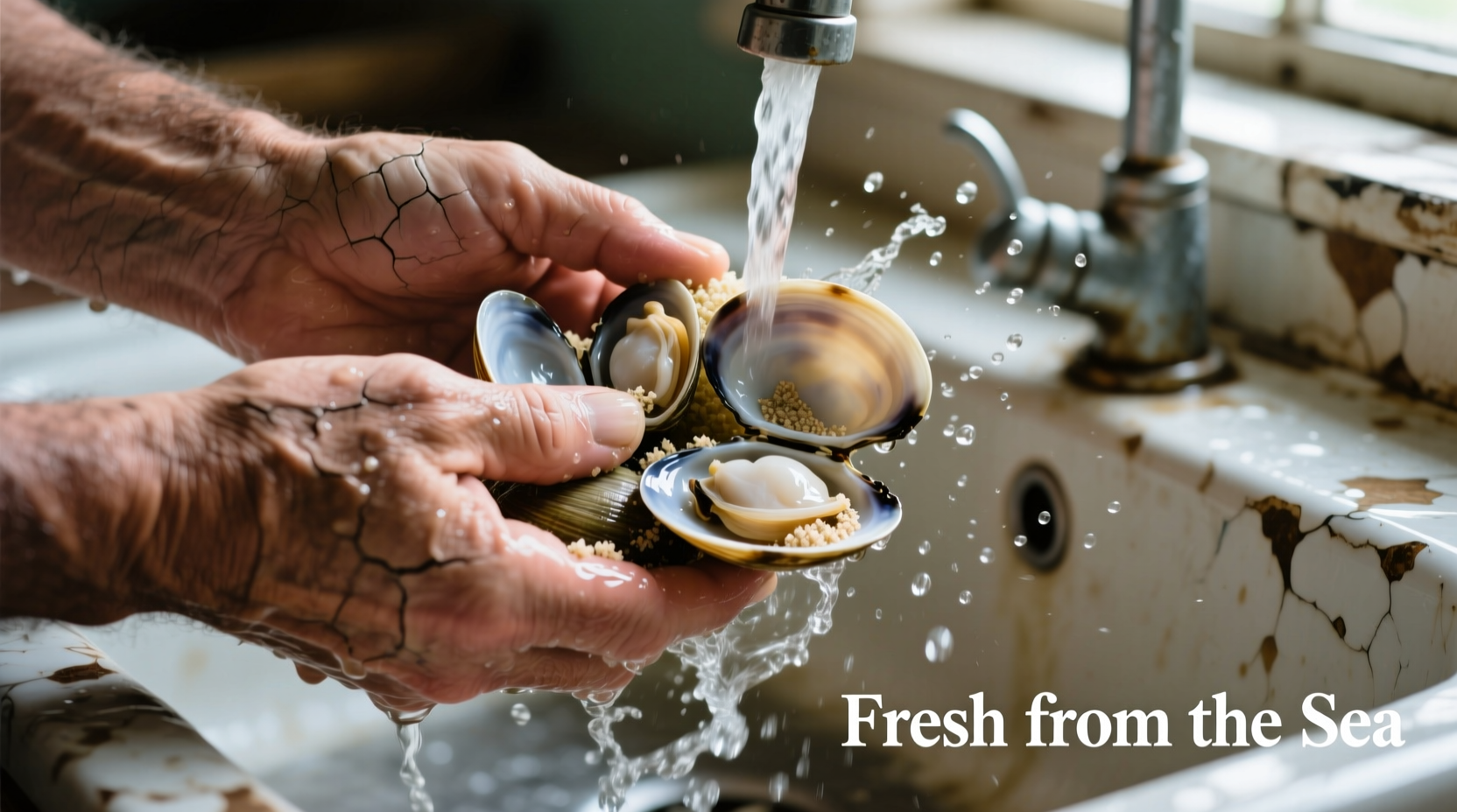 Hand scrubbing fresh clams under running water