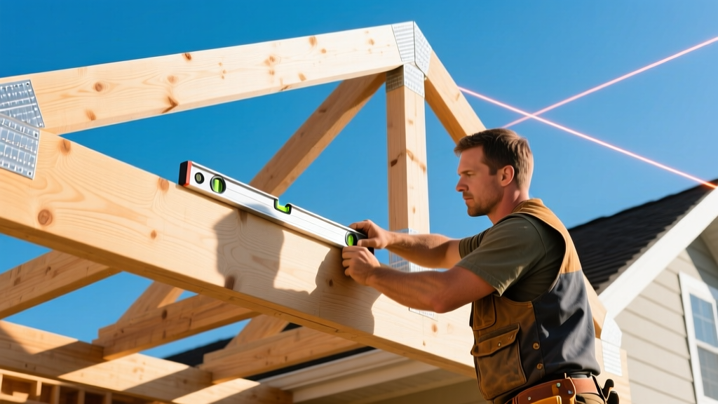 Carpenter aligning a laminated veneer lumber ridge beam with a laser level while installing dimensional wood rafters on a residential roof