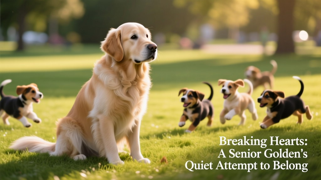 Senior Golden Retriever sitting gently near energetic puppies playing at a sunlit dog park