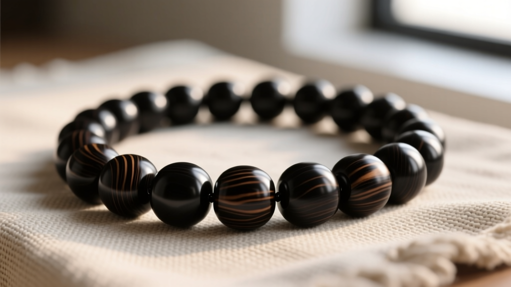 Close-up of a polished ebony bead necklace on linen, showcasing the deep black wood and high-contrast natural grain patterns.