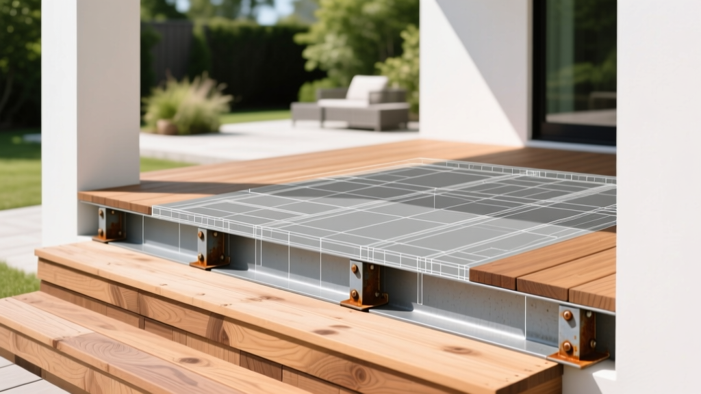 Blueprint overlaying a partially framed 10x20 pressure-treated wood deck with stacked composite boards and steel joist hangers