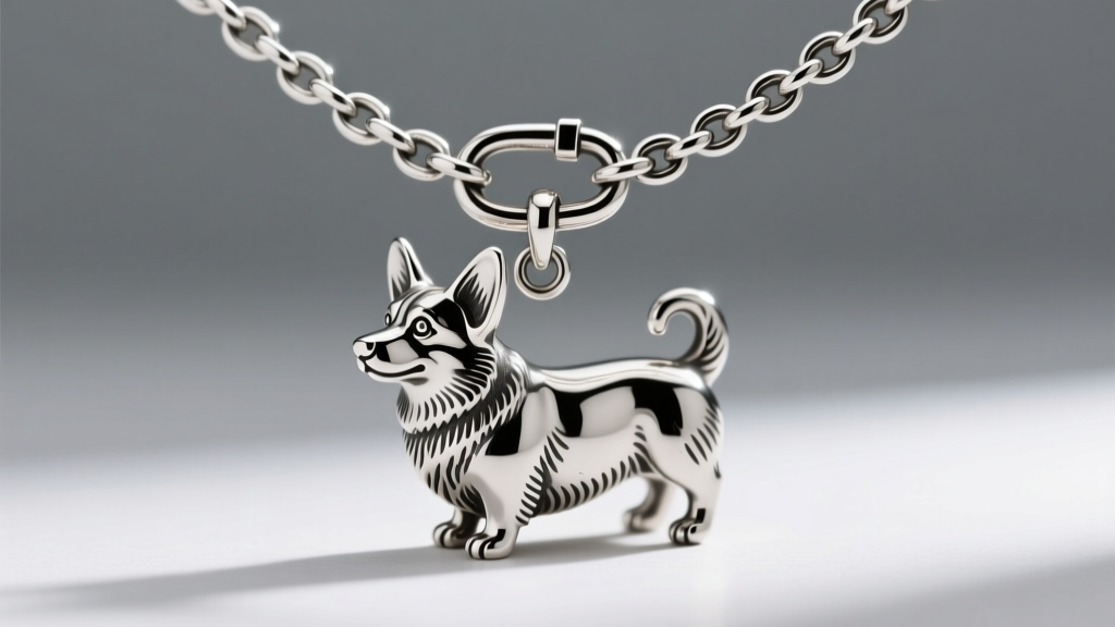 A sturdy 18-gauge sterling silver rolo chain with a secure lobster clasp supporting a detailed heavy cast corgi dog charm.